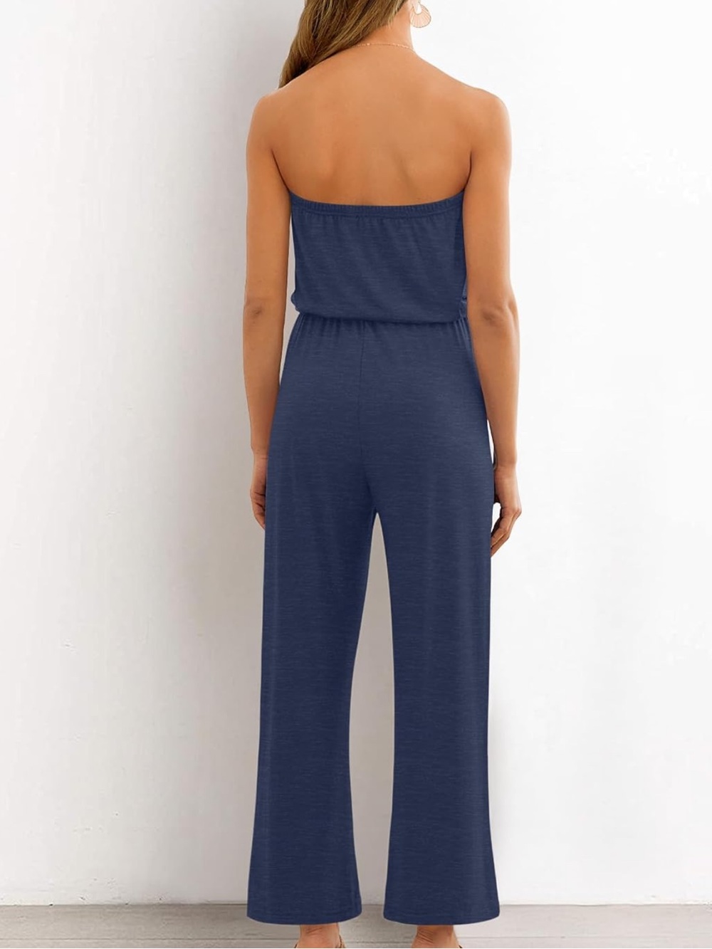 ZESICA Women’s Off Shoulder Navy Strapless Belted Wide Leg Jumpsuit Romper - Picture 4 of 13
